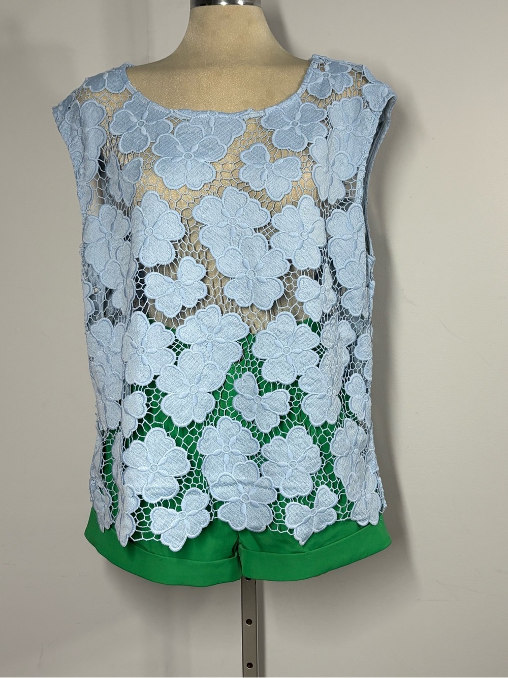 Light Blue Floral Lace Overlay Sleeveless Blouse